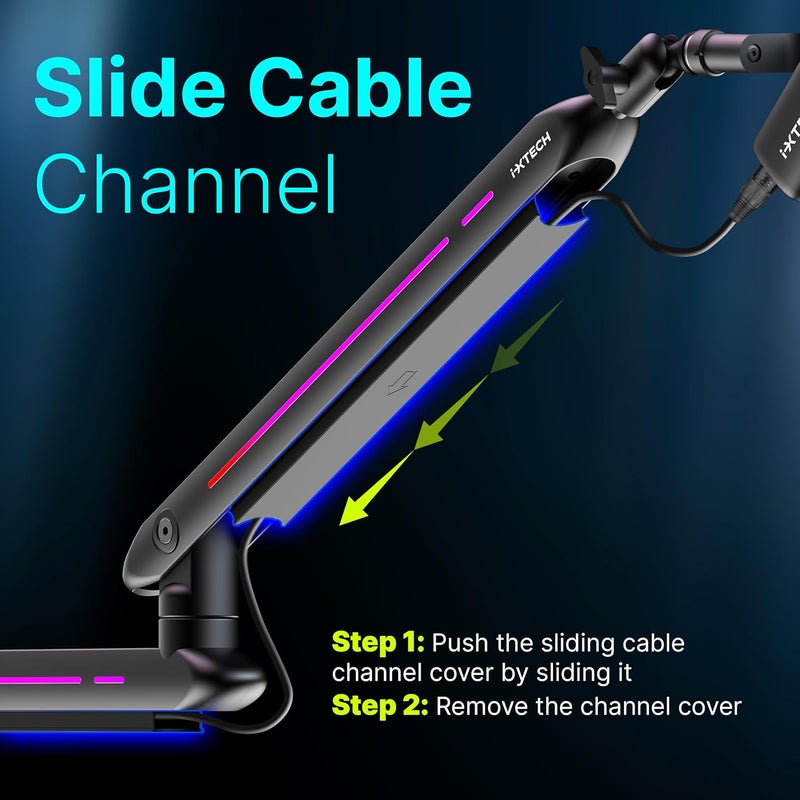 i-XTECH RGB Low Profile Boom Arm for Mic, Adjustable Microphone Arm Stand with Desk Mount Clamp, Rotatable Microphone Boom Arm Mic Stand with Cable Management for Podcast Streaming Gaming Studio. - Image 4